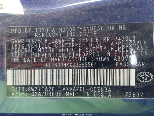 2018 TOYOTA CAMRY 4T1B11HKXJU595561 Photo 8