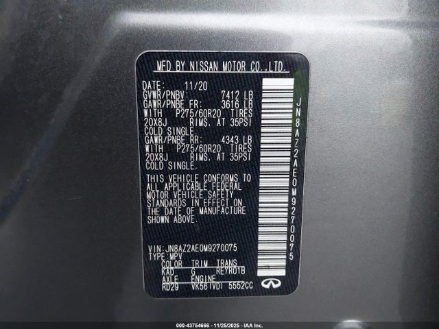 Aukcja sprzedaży 2021 Infiniti Qx80 Luxe Awd, vin: JN8AZ2AE0M9270075, numer aukcji: 43754666