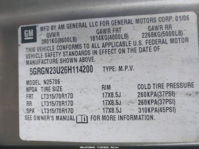 Продаж на аукціоні авто 2006 Hummer H2 Suv, vin: 5GRGN23U26H114200, номер лоту: 43755048