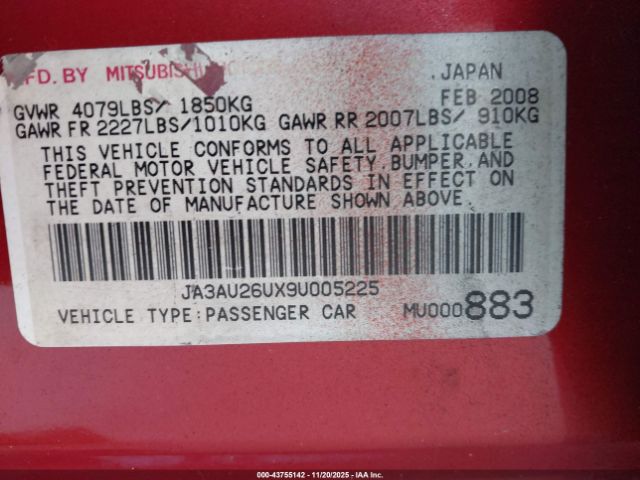 2009 MITSUBISHI LANCER JA3AU26UX9U005225 Photo 8