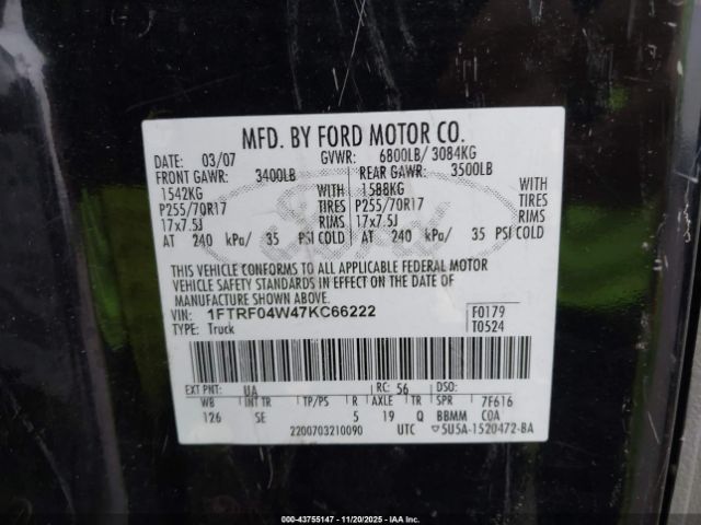 2007 FORD F-150 1FTRF04W47KC66222 Photo 8