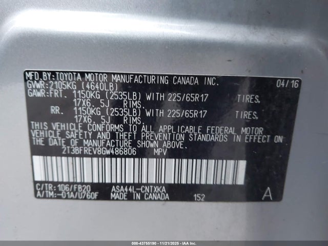 Продаж на аукціоні авто 2016 Toyota Rav4 Le, vin: 2T3BFREV8GW486806, номер лоту: 43755190