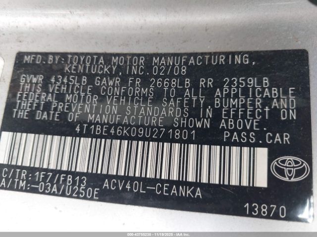 2009 TOYOTA CAMRY 4T1BE46K09U271801 Photo 8