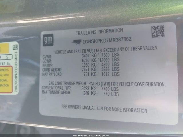 2021 CHEVROLET TAHOE 1GNSKPKD7MR387862 Photo 8