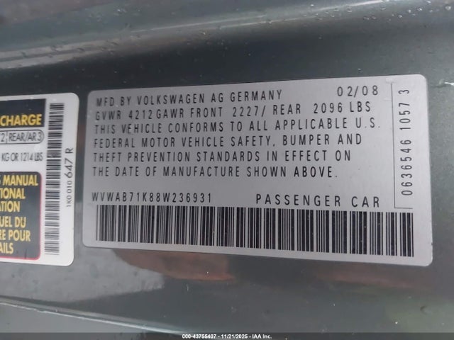 Aukcja sprzedaży 2008 Volkswagen Rabbit S, vin: WVWAB71K88W236931, numer aukcji: 43755407