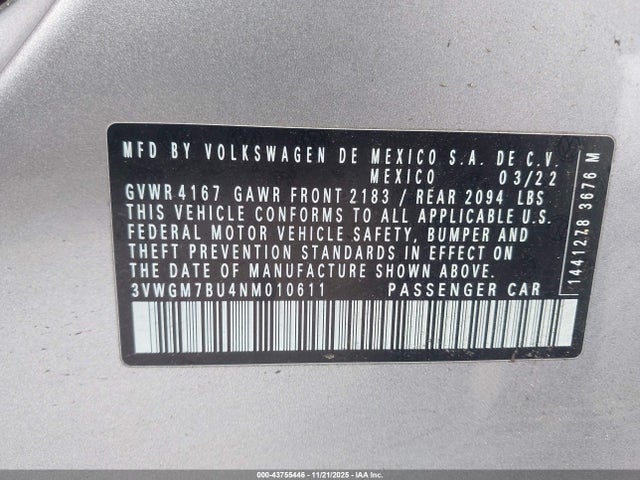Продажа на аукционе авто 2022 Volkswagen Jetta 1.5t Sel, vin: 3VWGM7BU4NM010611, номер лота: 43755446