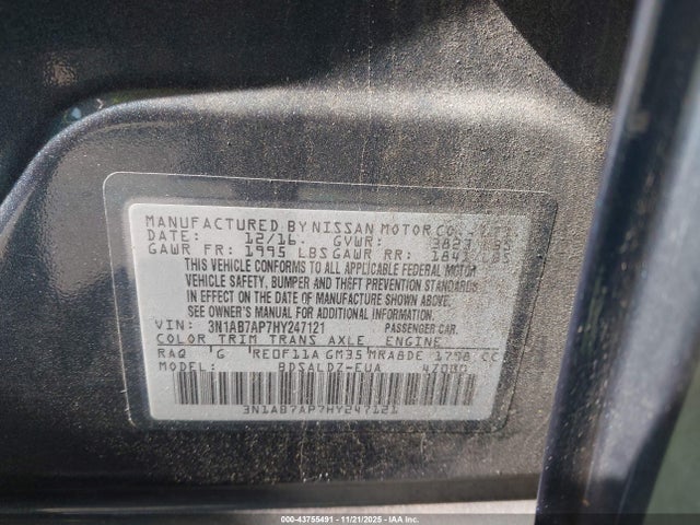 Продажа на аукционе авто 2017 Nissan Sentra Sv, vin: 3N1AB7AP7HY247121, номер лота: 43755491