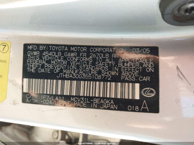 2005 LEXUS ES 330 JTHBA30G355108772 Photo 8