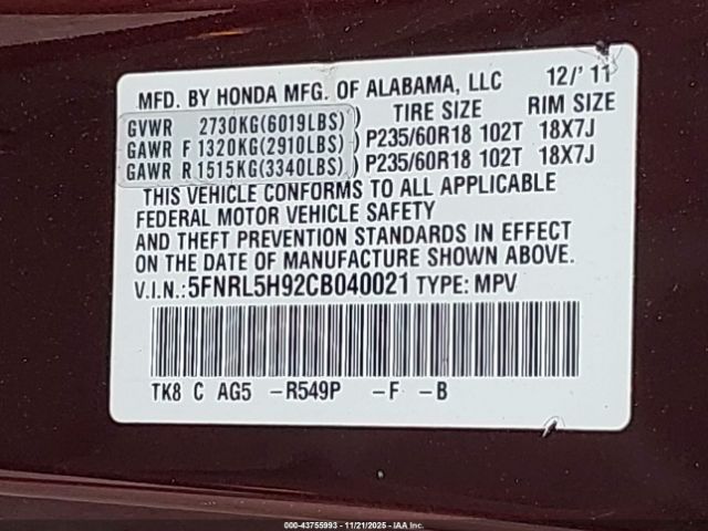 2012 HONDA ODYSSEY 5FNRL5H92CB040021 Photo 8
