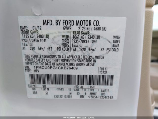 2012 FORD ESCAPE 1FMCU9EG1CKB76409 Photo 8