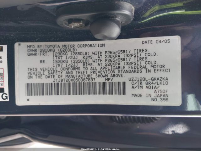 2005 LEXUS GX 470 JTJBT20X850087837 Photo 8