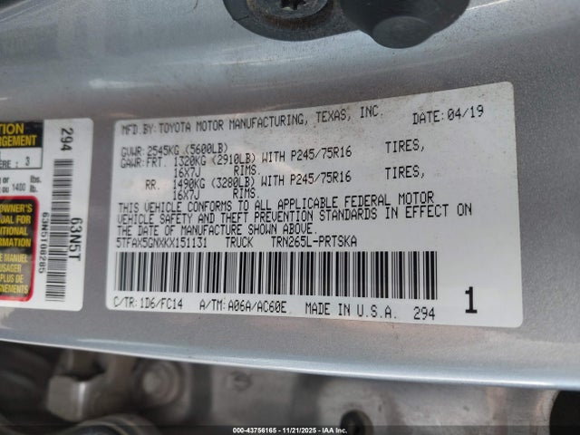 5TFAX5GNXKX151131 Toyota Tacoma Sr5