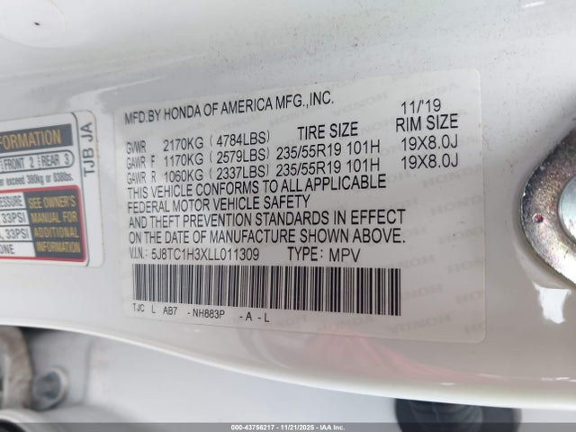 43756217 :رقم المزاد ، 5J8TC1H3XLL011309 vin ، 2020 Acura Rdx Standard مزاد بيع