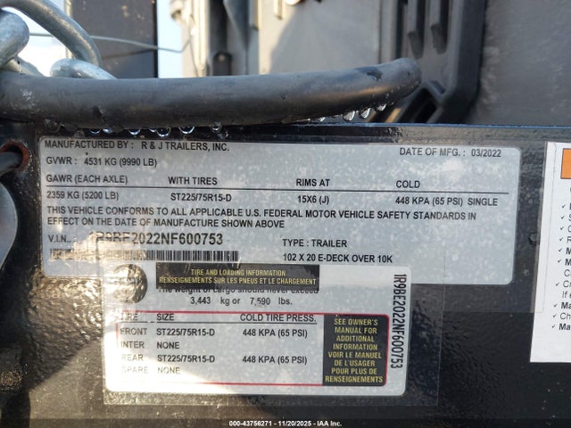 1R9BE2022NF600753 R &amp; J Trailer