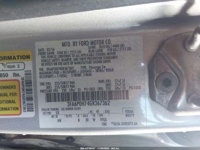 2016 FORD FUSION 3FA6P0H74GR367362 Photo 8