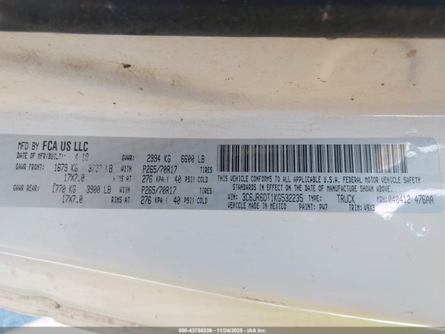 Aukcja sprzedaży 2019 Ram 1500 Classic Tradesman  4x2 8' Box, vin: 3C6JR6DT1KG532235, numer aukcji: 43756336