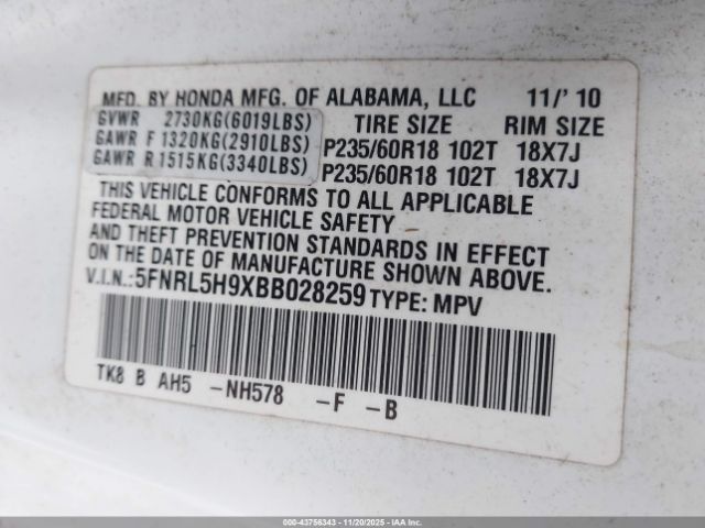 2011 HONDA ODYSSEY 5FNRL5H9XBB028259 Photo 8