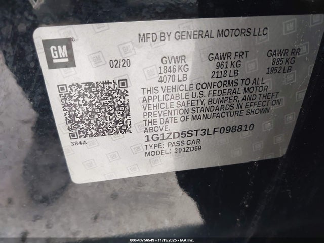 2020 Chevrolet Malibu Fwd Lt მანქანა იყიდება აუქციონზე, vin: 1G1ZD5ST3LF098810, აუქციონის ნომერი: 43756549