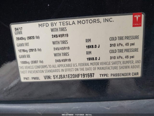 2017 TESLA MODEL S 5YJSA1E20HF191597 Photo 8