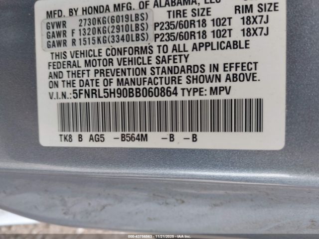 2011 HONDA ODYSSEY 5FNRL5H90BB060864 Photo 8