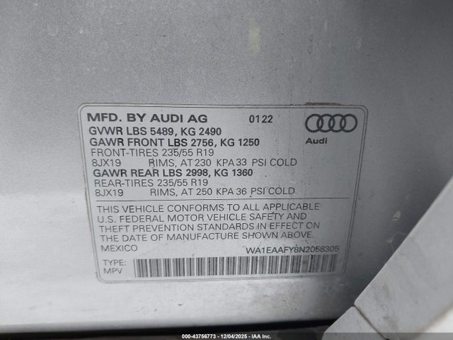 WA1EAAFY8N2058305 Audi Q5 Premium Plus 45 Tfsi S Line Quattro S Tronic