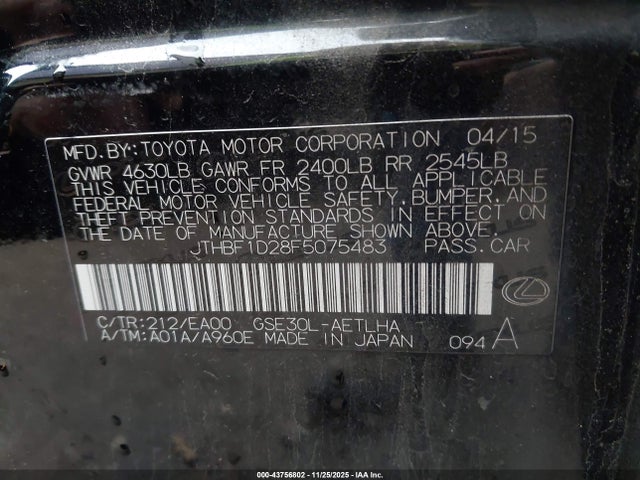 43756802 :رقم المزاد ، JTHBF1D28F5075483 vin ، 2015 Lexus Is 250 مزاد بيع
