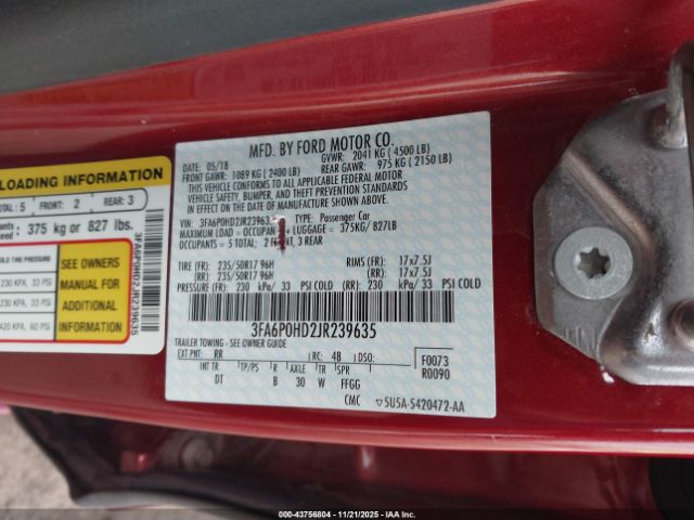 2018 FORD FUSION 3FA6P0HD2JR239635 Photo 8