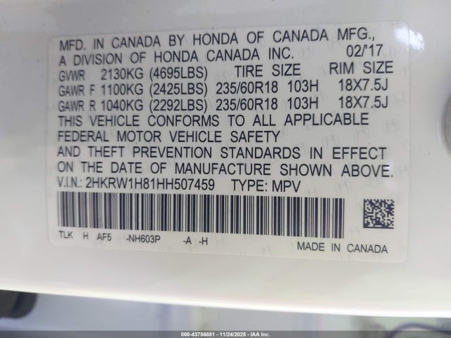 2HKRW1H81HH507459 Honda Cr-v Ex-l/ex-l Navi