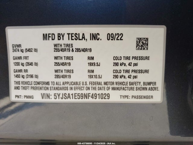 2022 TESLA MODEL S 5YJSA1E59NF491029 Photo 8