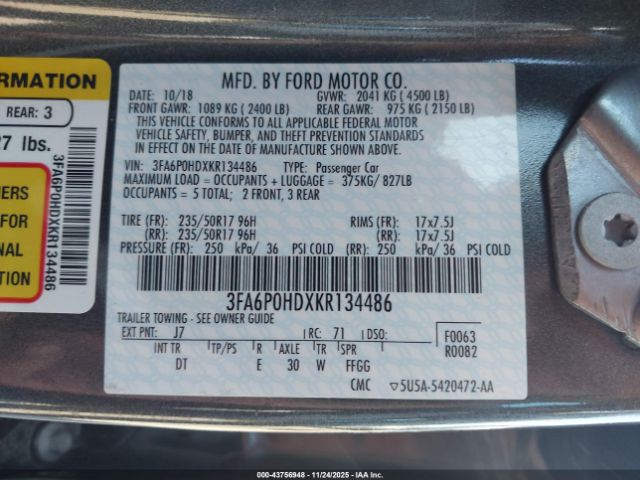 2019 FORD FUSION 3FA6P0HDXKR134486 Photo 8
