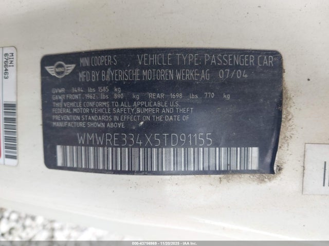 2005 MINI COOPER S WMWRE334X5TD91155 Photo 8