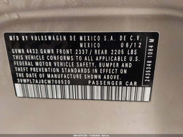 Продажа на аукционе авто 2012 Volkswagen Jetta Sportwagen 2.0l Tdi, vin: 3VWPL7AJ8CM708520, номер лота: 43757226