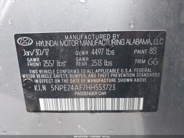 Aukcja sprzedaży 2017 Hyundai Sonata Se, vin: 5NPE24AF7HH553723, numer aukcji: 43757265