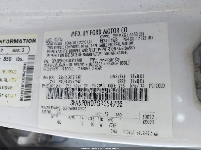 2016 FORD FUSION 3FA6P0HD7GR354708 Photo 8