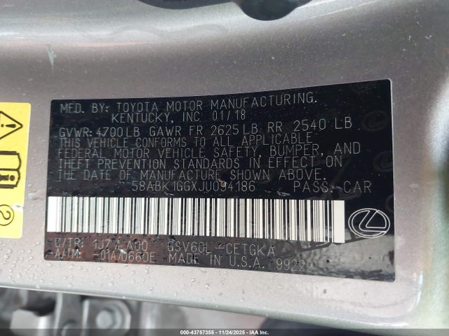 43757355 :رقم المزاد ، 58ABK1GGXJU094186 vin ، 2018 Lexus Es 350 مزاد بيع