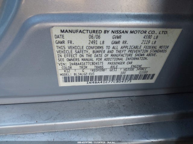 Aukcja sprzedaży 2007 Nissan Maxima 3.5 Sl, vin: 1N4BA41E77C804575, numer aukcji: 43757360