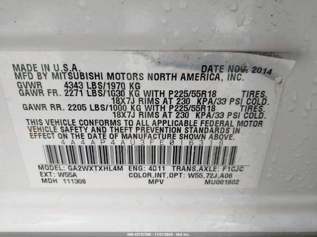 2015 MITSUBISHI OUTLANDER SPORT 4A4AP4AU3FE016318 Photo 8