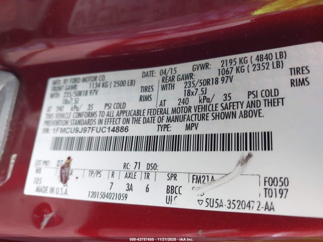 Ford Escape Titanium 2015 1FMCU9J97FUC14886 Image 9