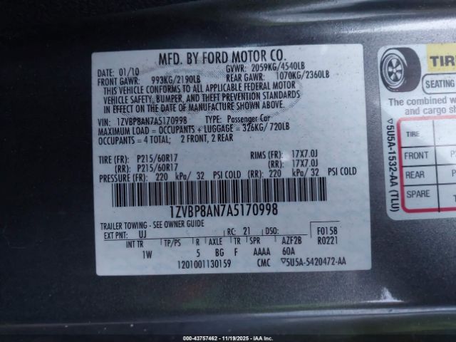 2010 FORD MUSTANG 1ZVBP8AN7A5170998 Photo 8