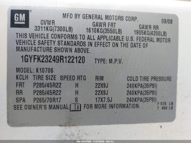 2009 CADILLAC ESCALADE 1GYFK23249R122120 Photo 8