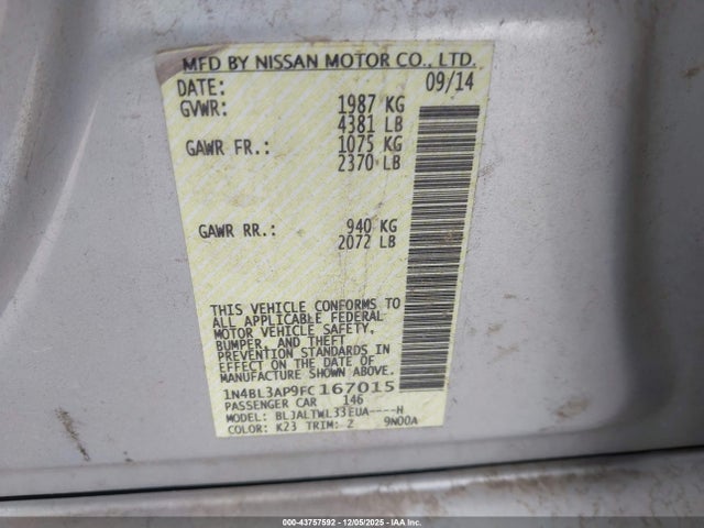 Nissan Altima 3.5 Sl 2015 1N4BL3AP9FC167015 Image 9