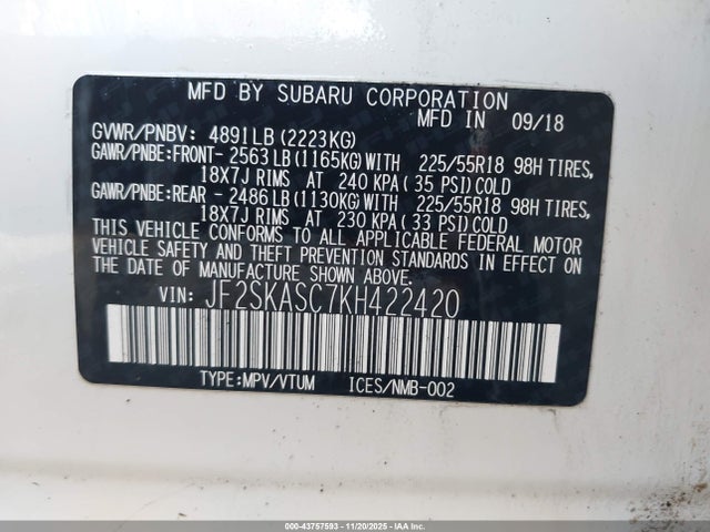 2019 Subaru Forester Limited მანქანა იყიდება აუქციონზე, vin: JF2SKASC7KH422420, აუქციონის ნომერი: 43757593