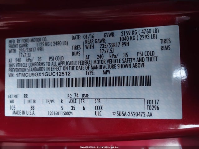 Ford Escape 2016 1FMCU9GX1GUC12512 Image 22