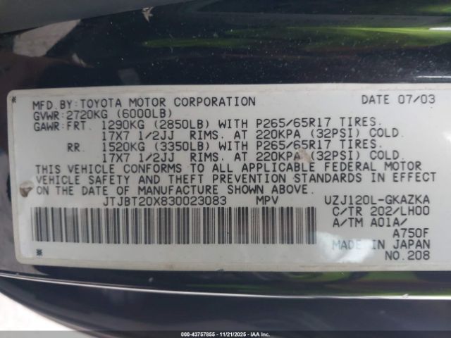 2003 LEXUS GX 470 JTJBT20X830023083 Photo 8