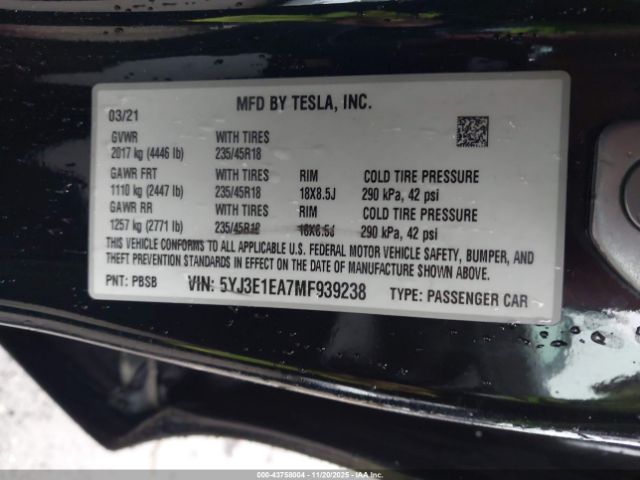 2021 TESLA MODEL 3 5YJ3E1EA7MF939238 Photo 8