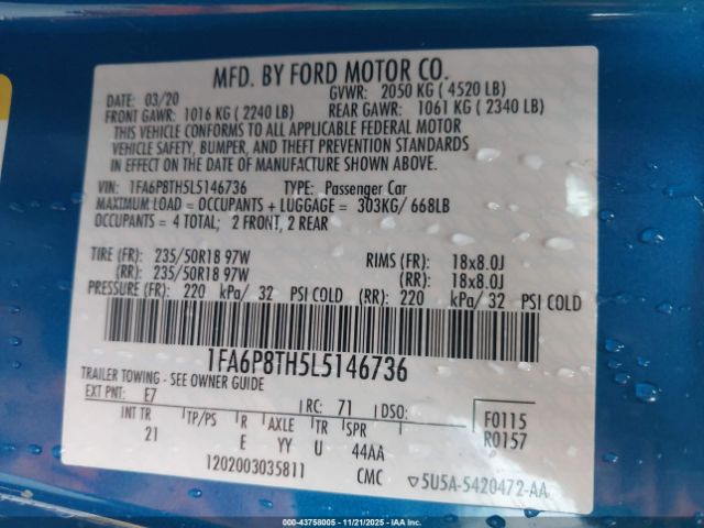 2020 FORD MUSTANG 1FA6P8TH5L5146736 Photo 8