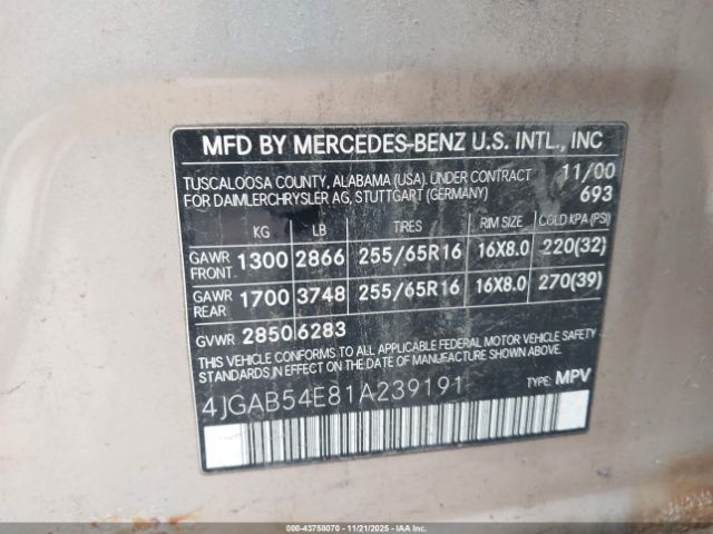 2001 MERCEDES-BENZ ML 320 4JGAB54E81A239191 Photo 8