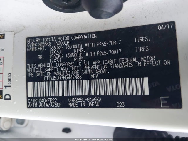 Toyota 4RUNNER SR5 2017 JTEBU5JR7H5447488 Image 9