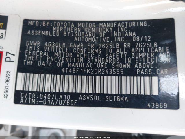 2012 TOYOTA CAMRY 4T4BF1FK2CR243555 Photo 8