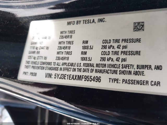 2021 TESLA MODEL 3 5YJ3E1EAXMF955496 Photo 8